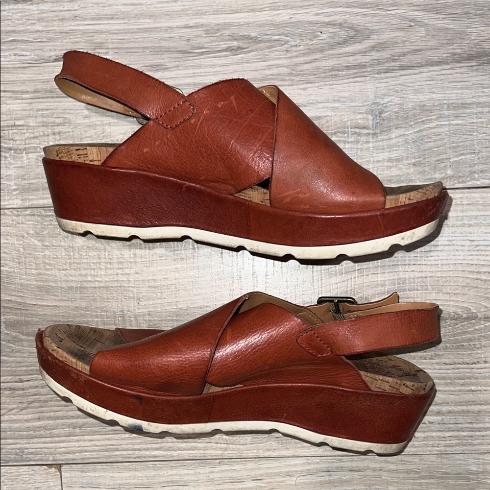 Kork-Ease woman’s Brown orange Leather Slingback Wedge Sandals